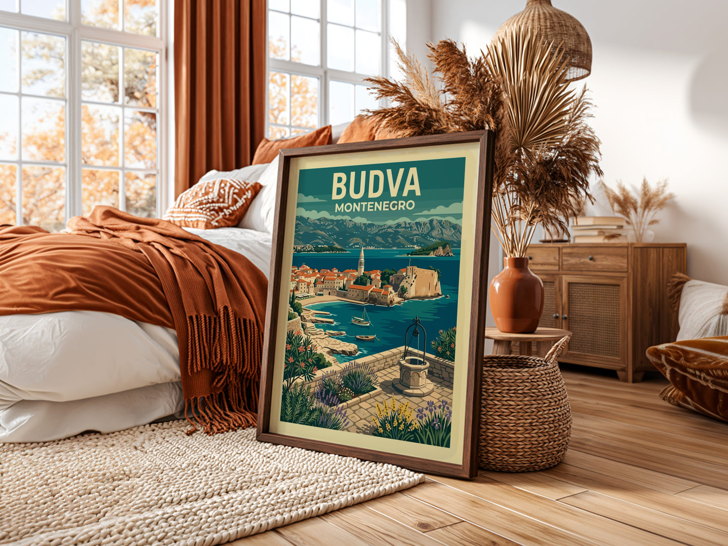 Stylized travel poster of Budva, Montenegro, featuring coastal town and sea.