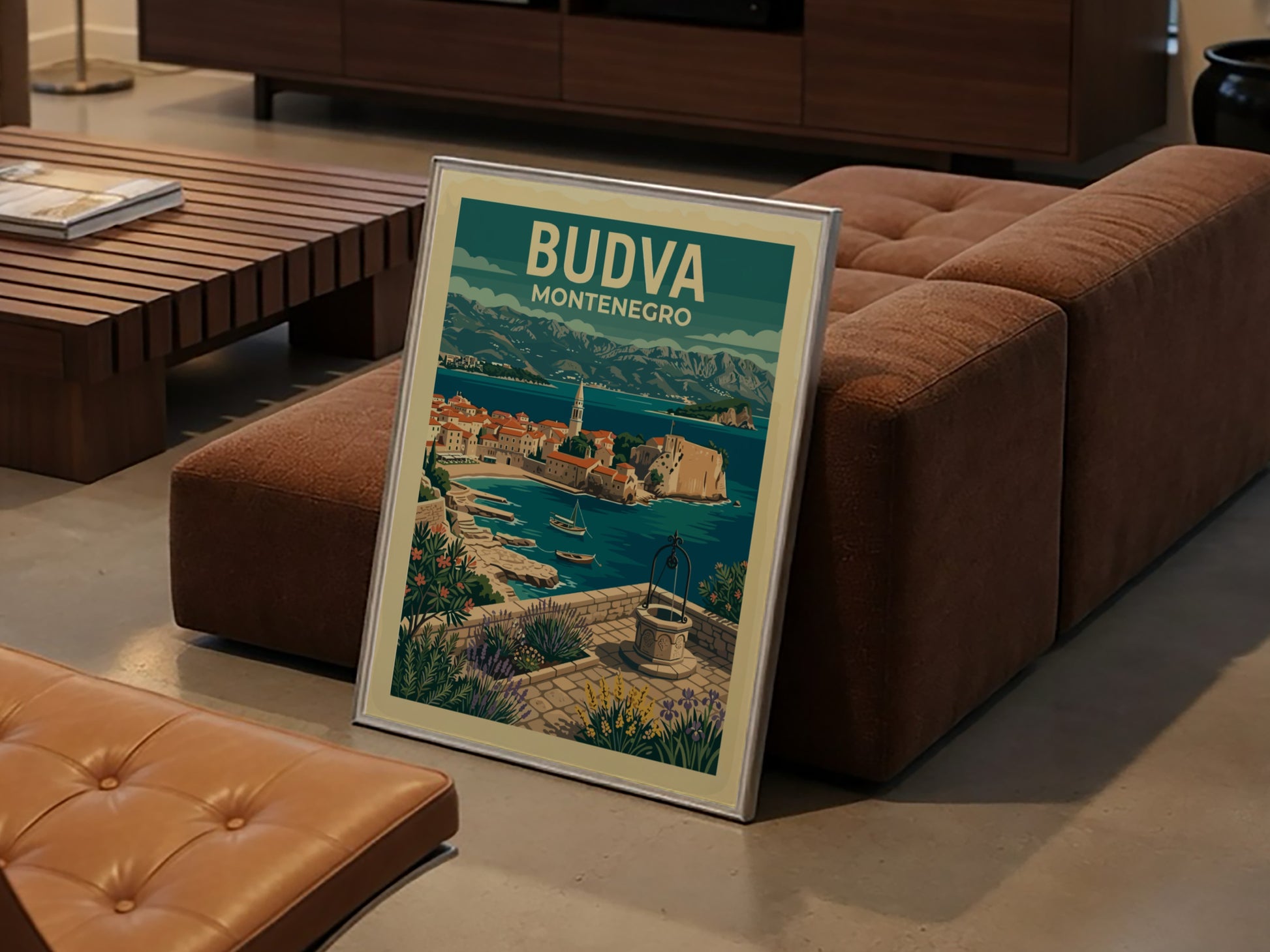 Stylized travel poster of Budva, Montenegro, featuring coastal town and sea.