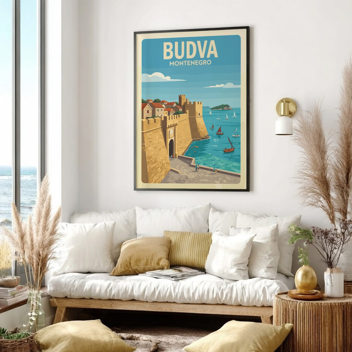 Budva Montenegro travel poster featuring historic stone city walls and sailing boats at sea.