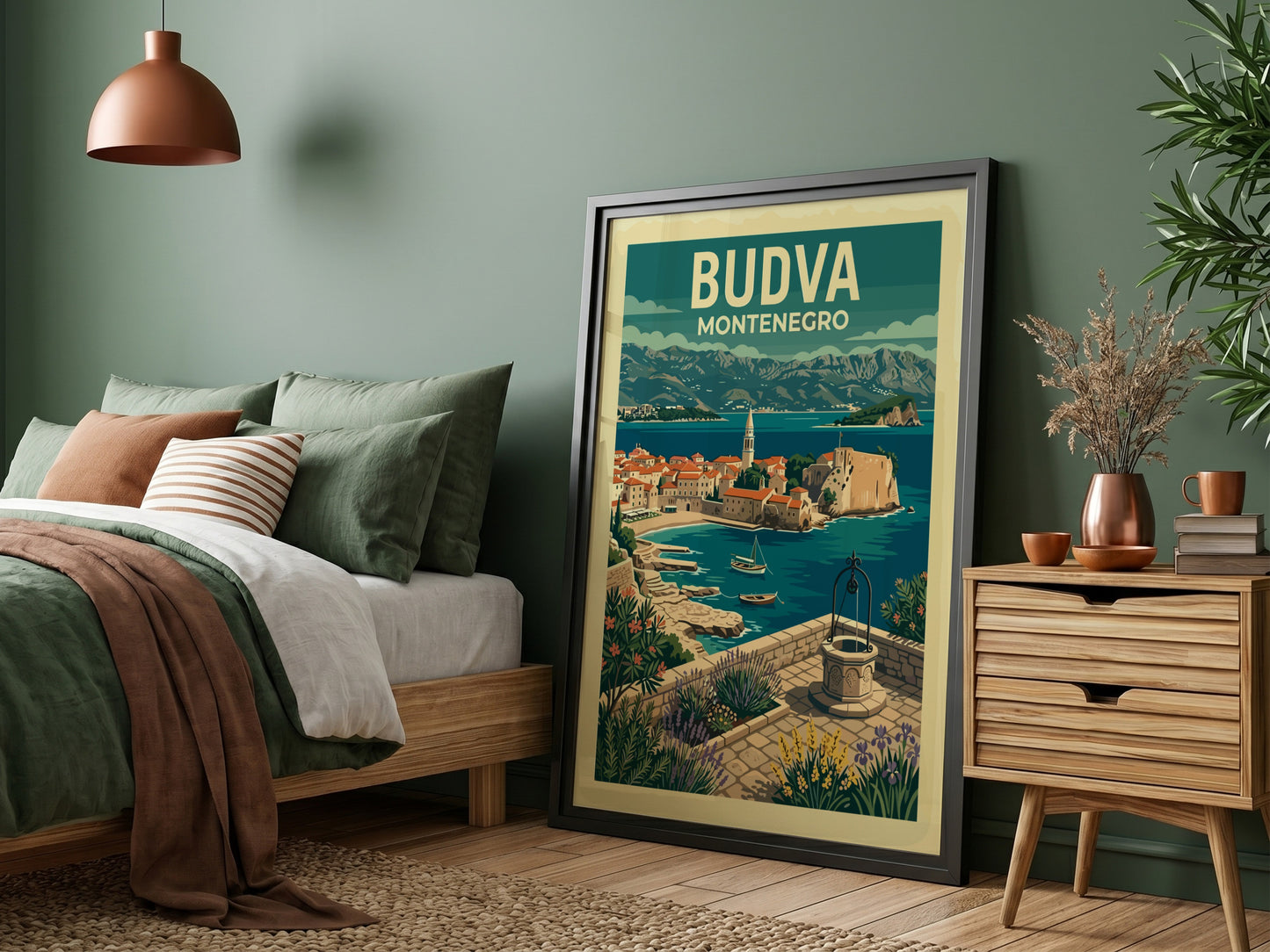 Stylized travel poster of Budva, Montenegro, featuring coastal town and sea.