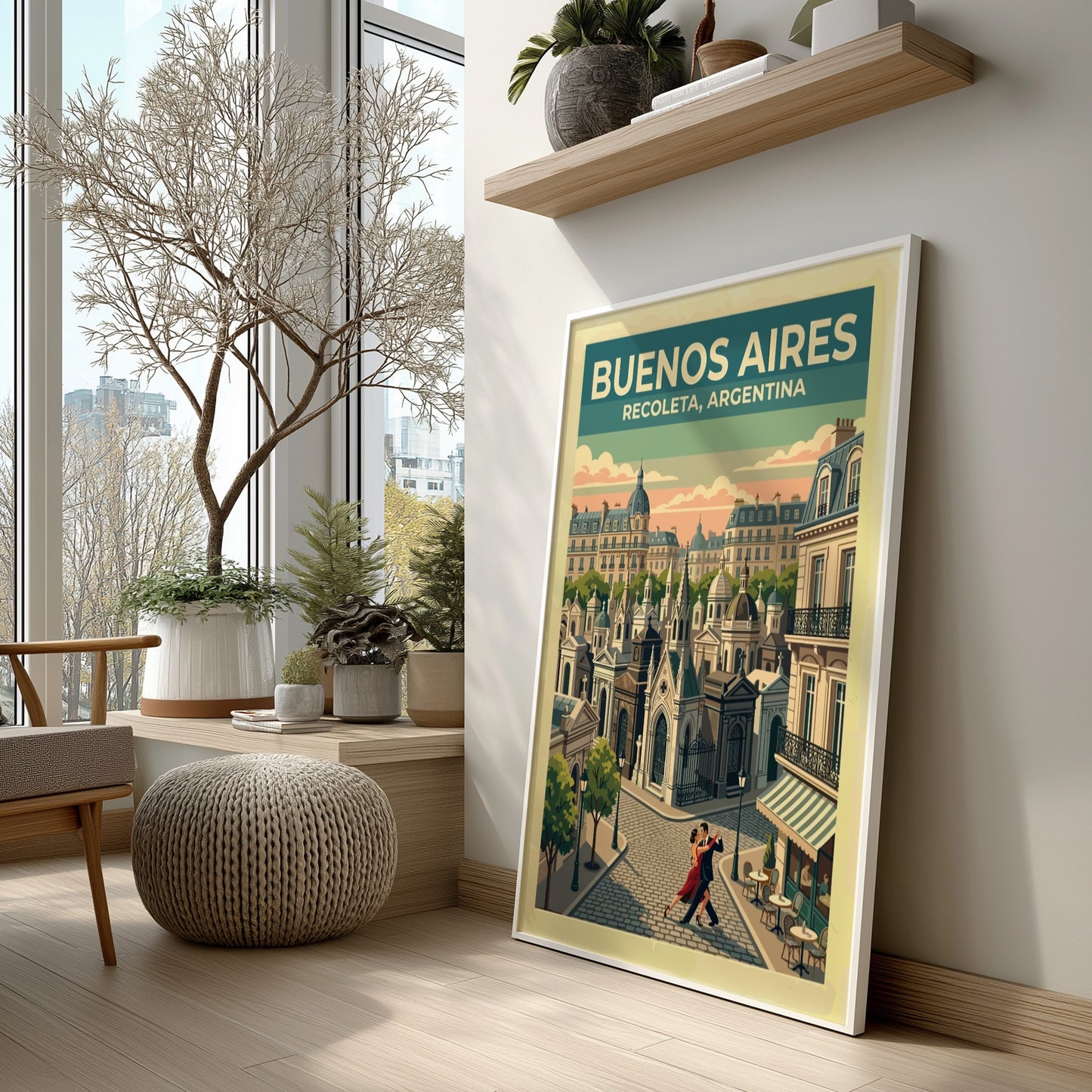 South America travel poster featuring a tango couple in Buenos Aires Recoleta neighborhood.