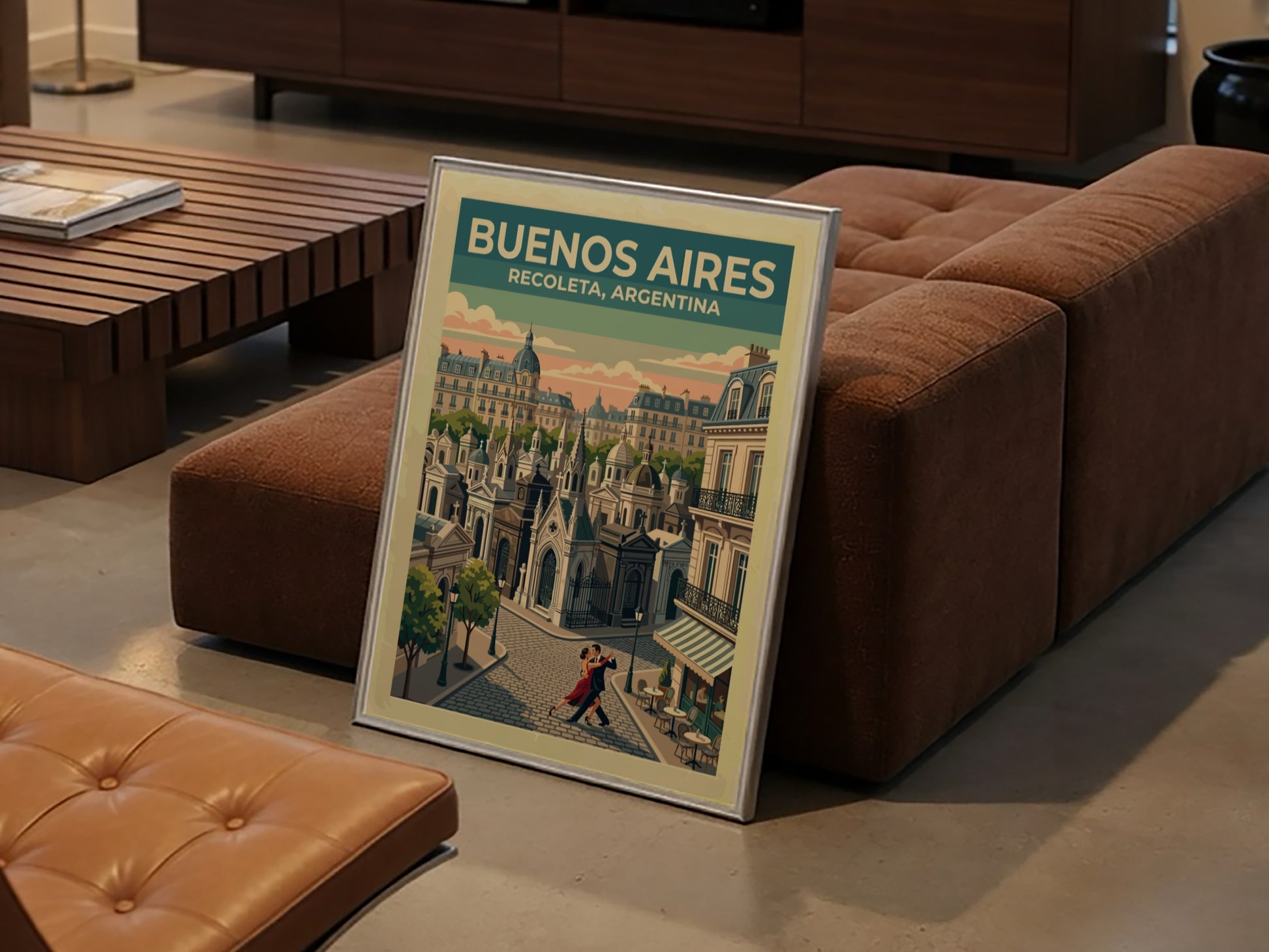 South America travel poster featuring a tango couple in Buenos Aires Recoleta neighborhood.