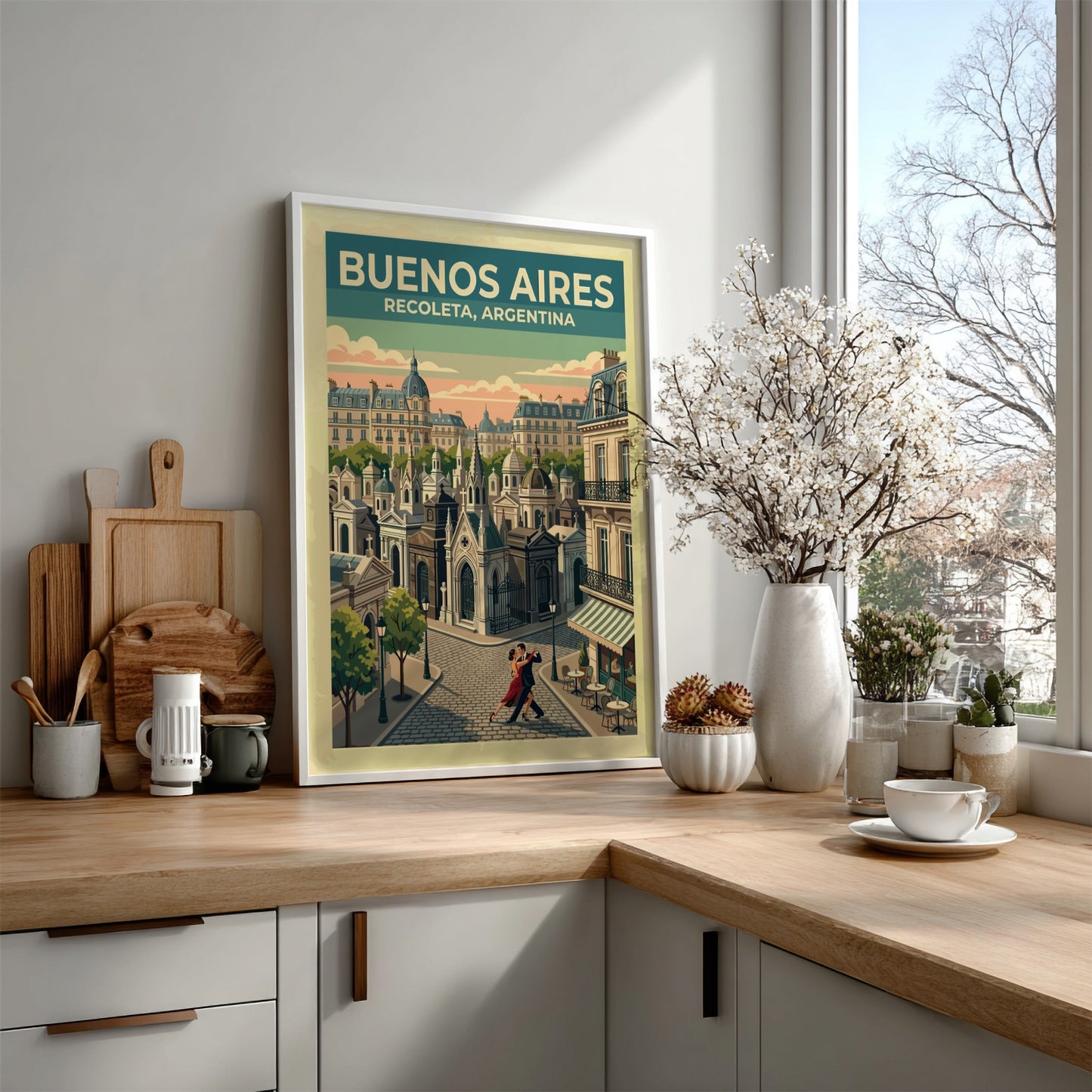 South America travel poster featuring a tango couple in Buenos Aires Recoleta neighborhood.