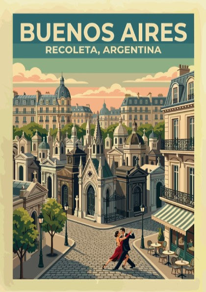 South America travel poster featuring a tango couple in Buenos Aires Recoleta neighborhood.