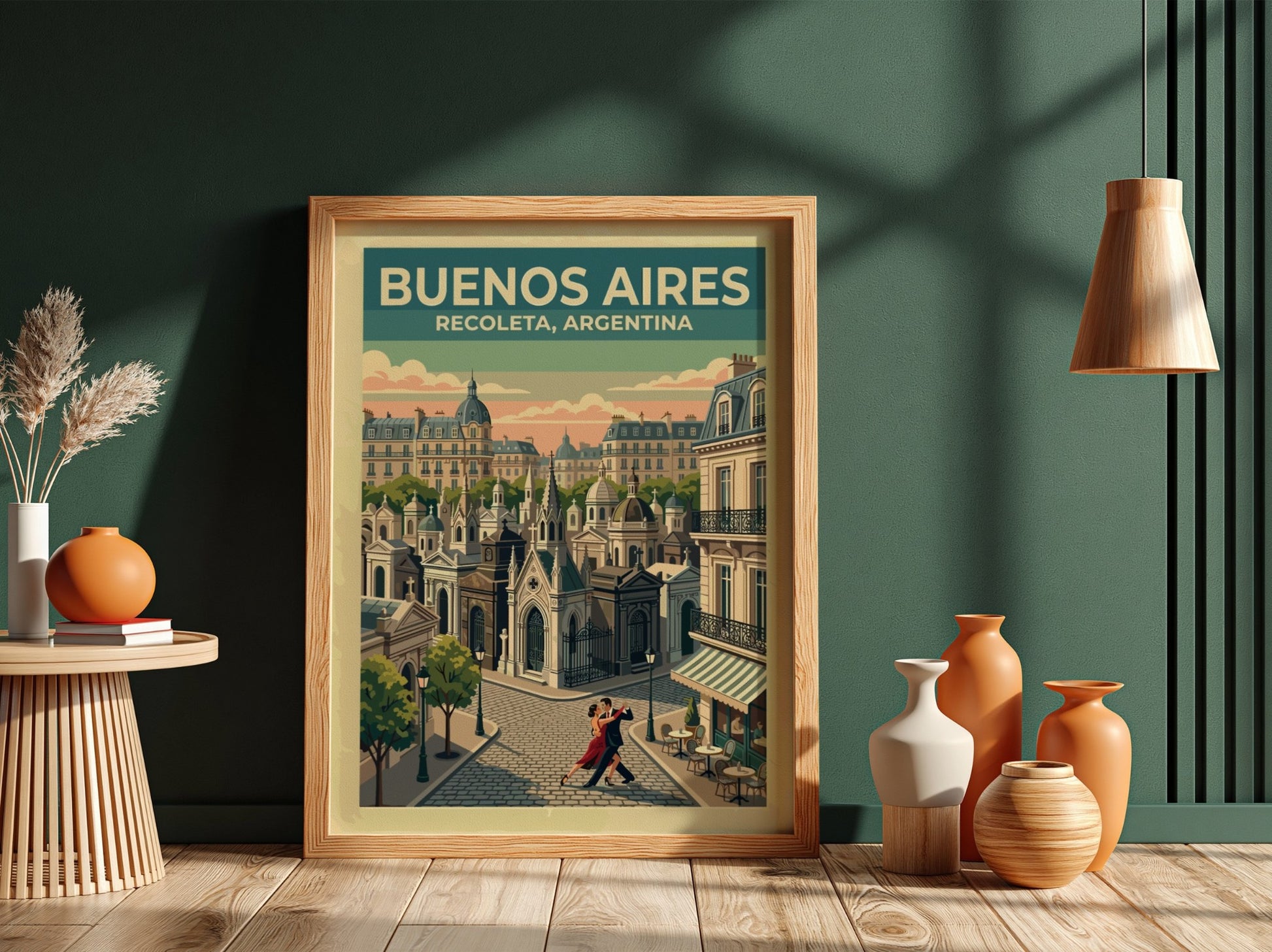 South America travel poster featuring a tango couple in Buenos Aires Recoleta neighborhood.