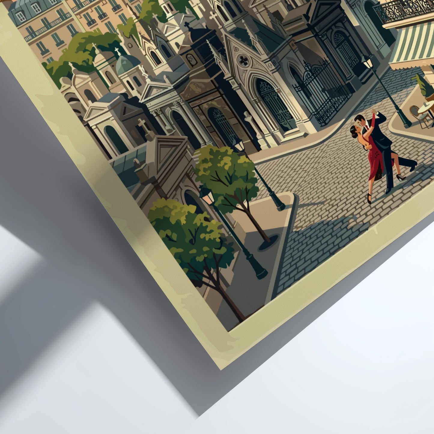 South America travel poster featuring a tango couple in Buenos Aires Recoleta neighborhood.