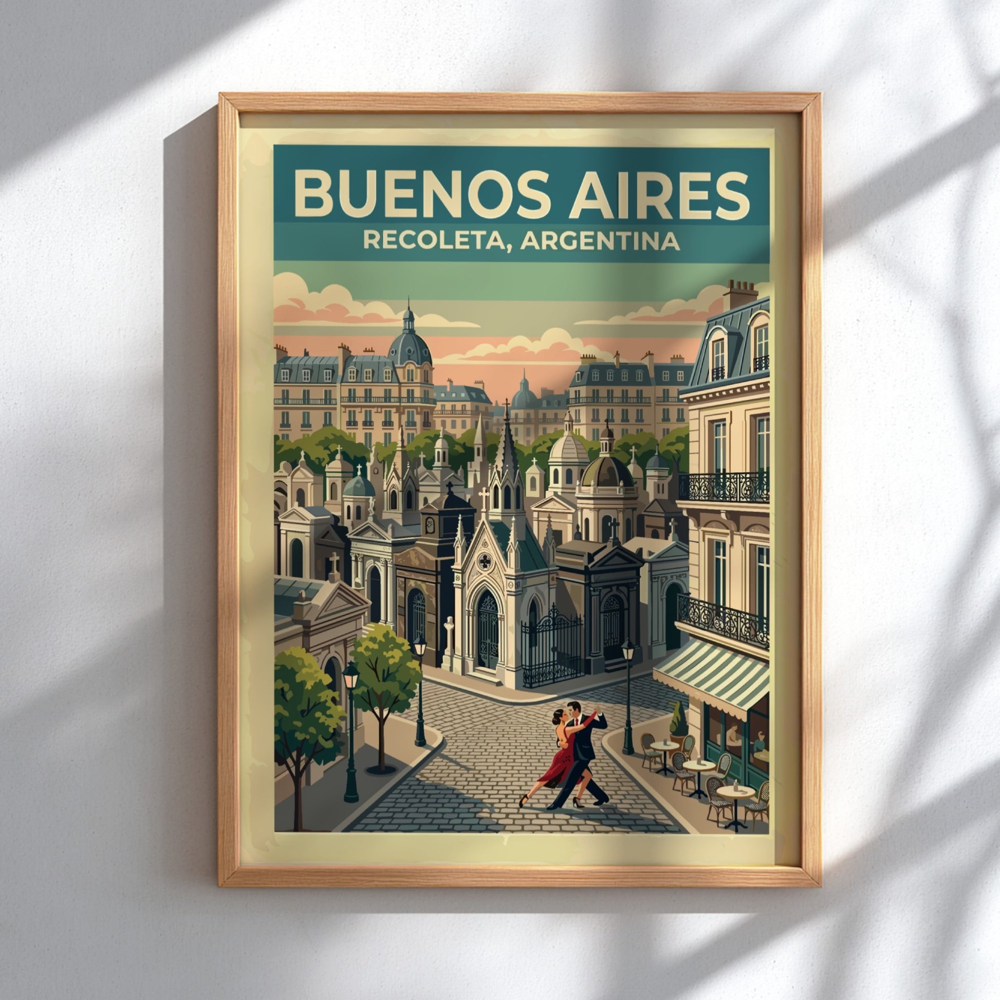 South America travel poster featuring a tango couple in Buenos Aires Recoleta neighborhood.