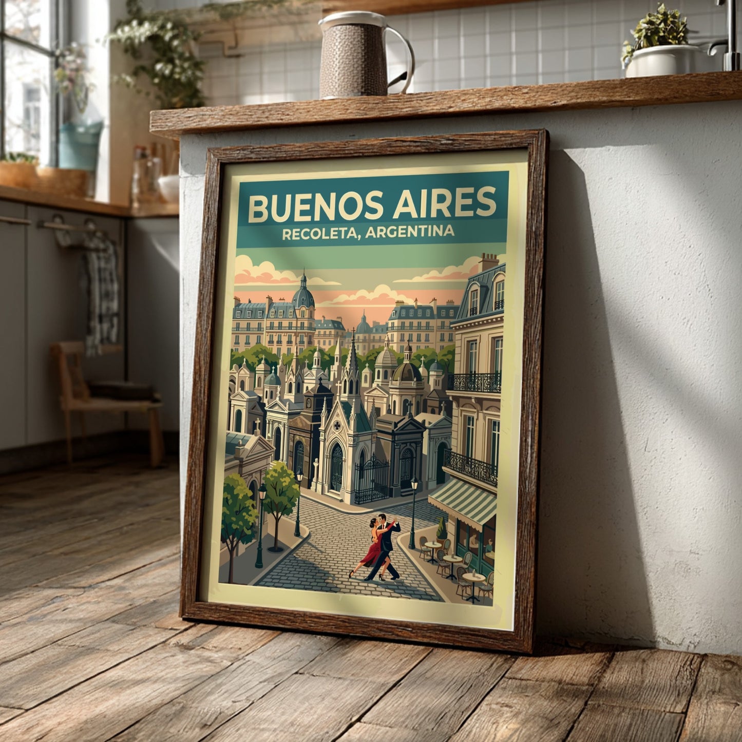 South America travel poster featuring a tango couple in Buenos Aires Recoleta neighborhood.