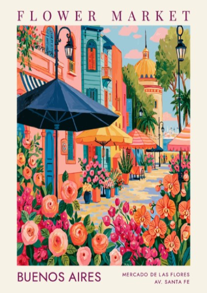 Flower market poster featuring vibrant colors and city scenery, ideal for home decor