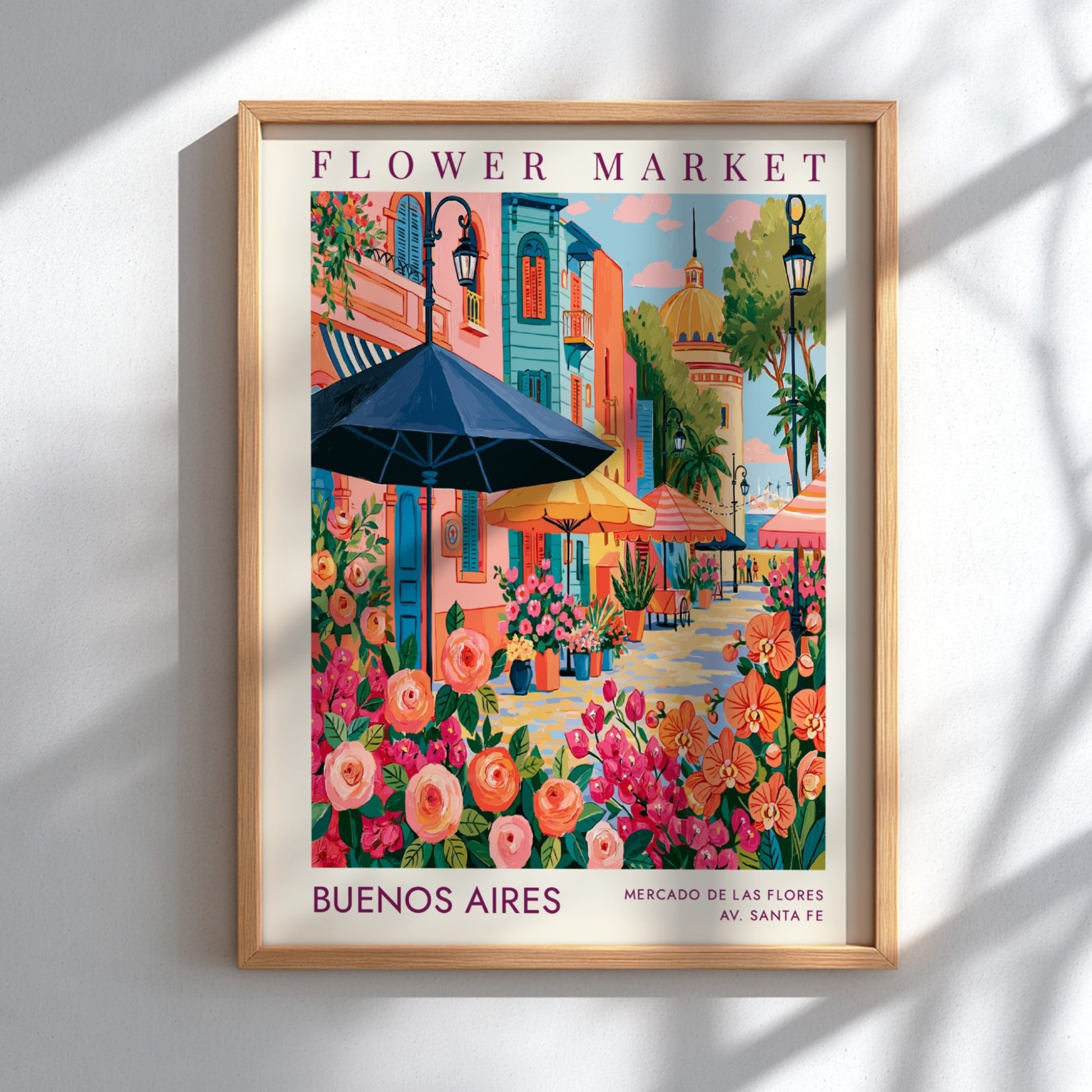 Flower market poster featuring vibrant colors and city scenery, ideal for home decor