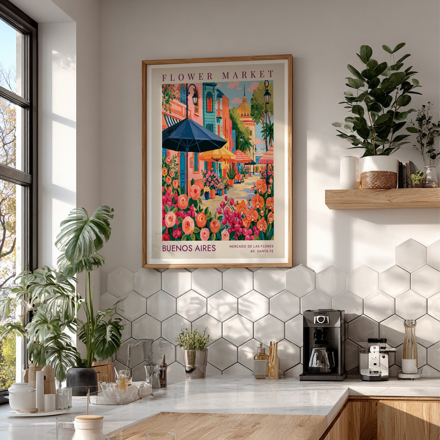 Flower market poster featuring vibrant colors and city scenery, ideal for home decor