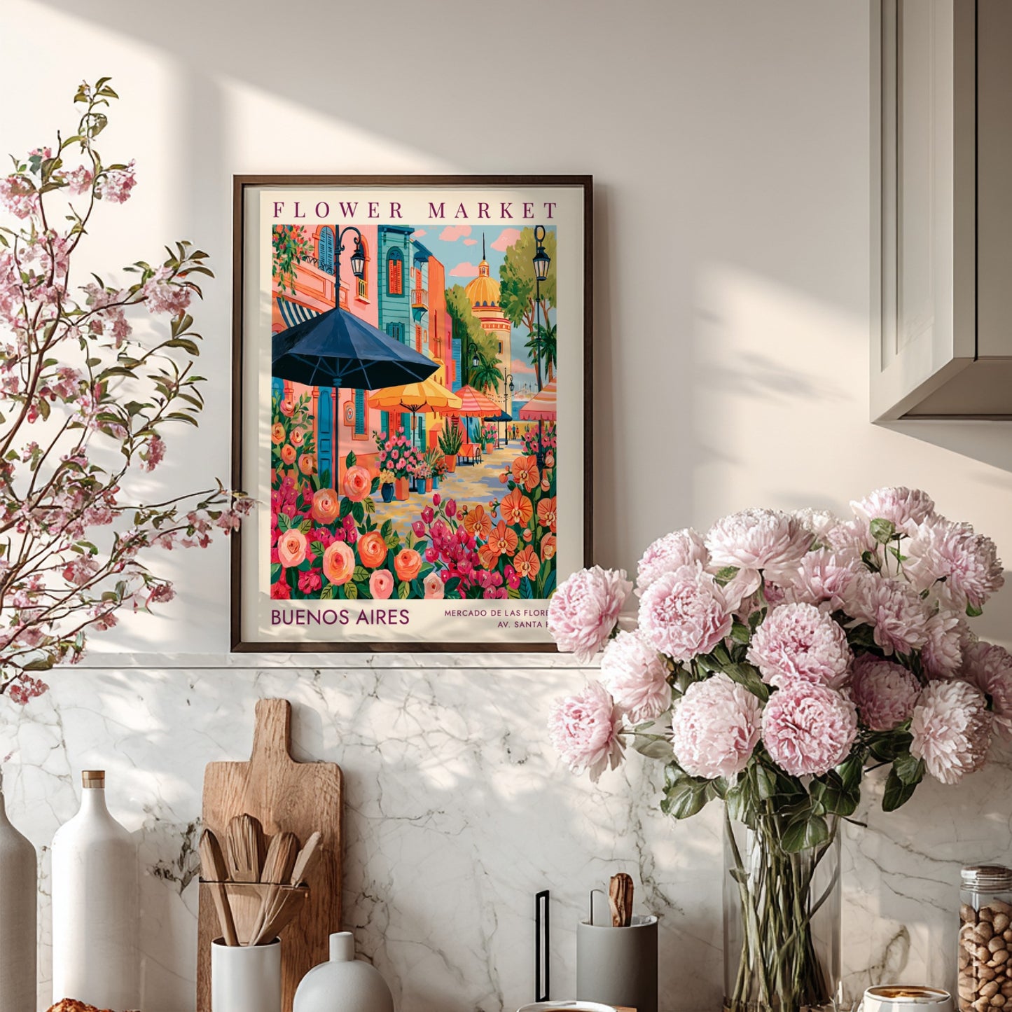 Flower market poster featuring vibrant colors and city scenery, ideal for home decor