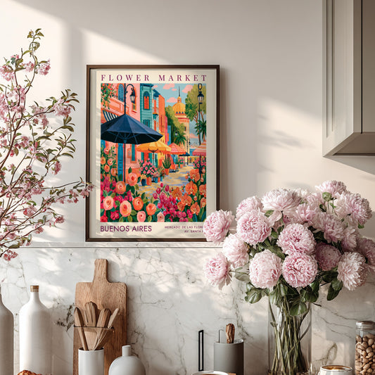 Flower market poster featuring vibrant colors and city scenery, ideal for home decor