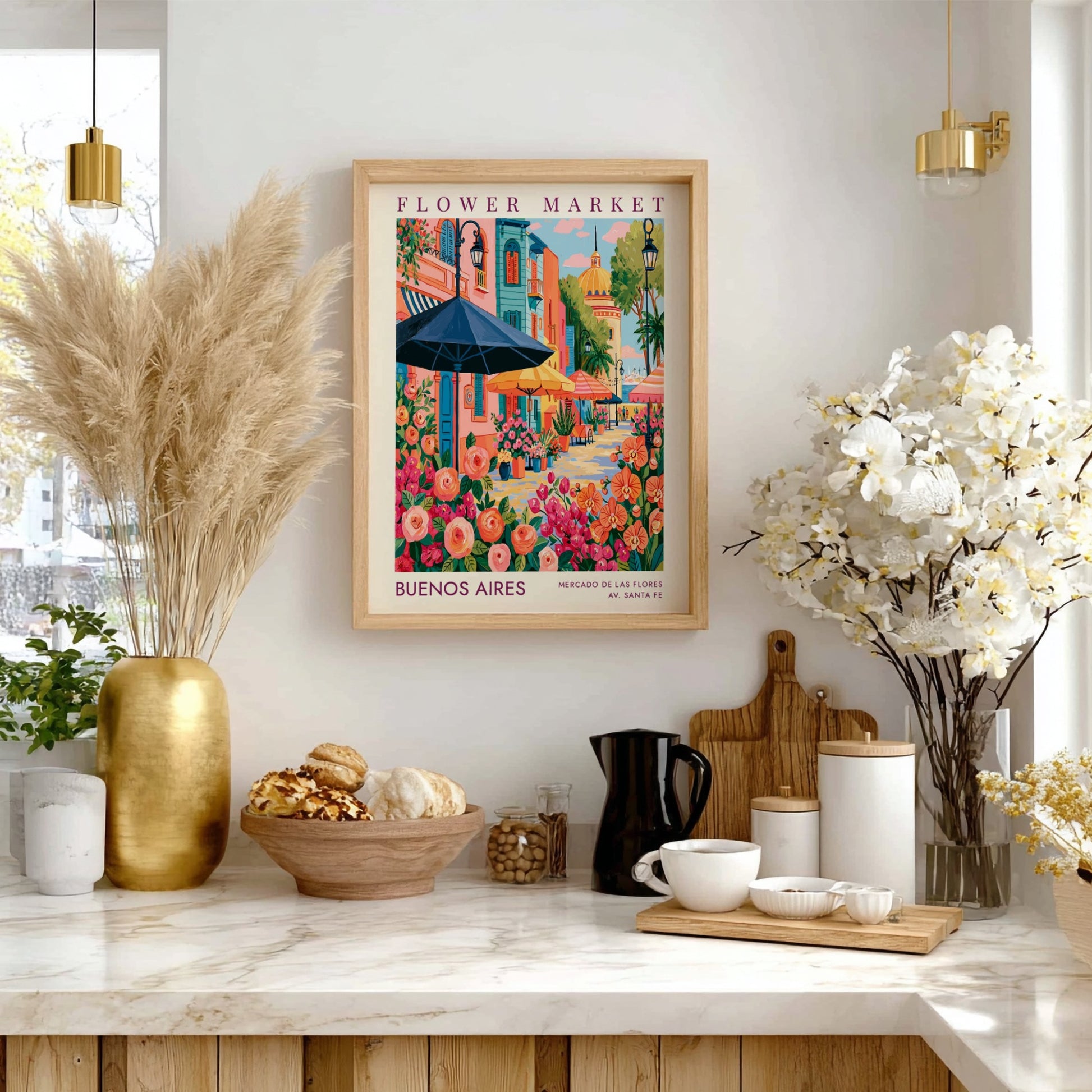 Flower market poster featuring vibrant colors and city scenery, ideal for home decor