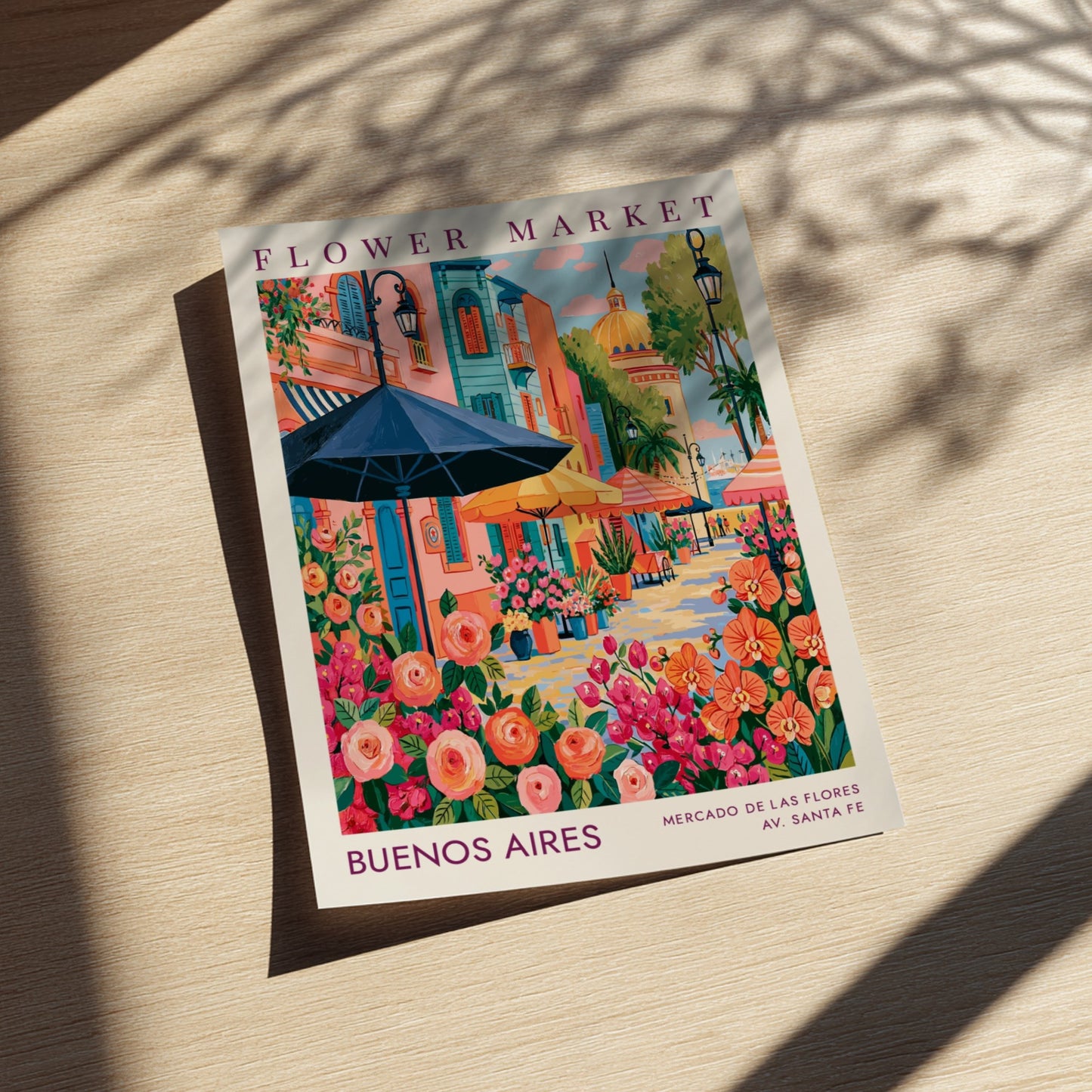 Flower market poster featuring vibrant colors and city scenery, ideal for home decor
