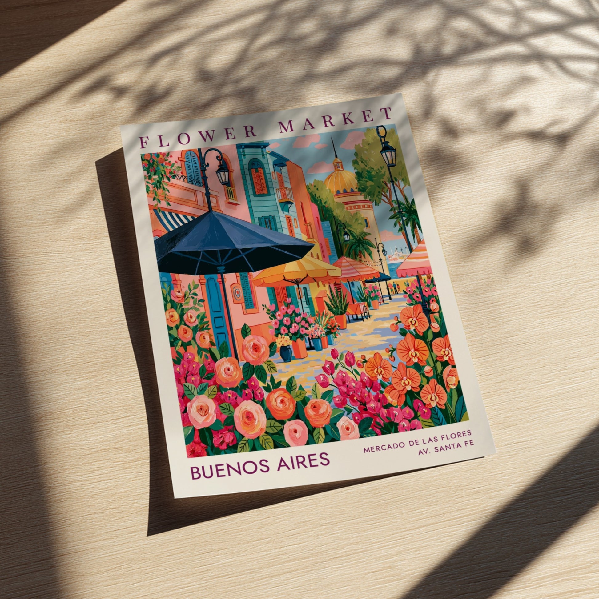 Flower market poster featuring vibrant colors and city scenery, ideal for home decor