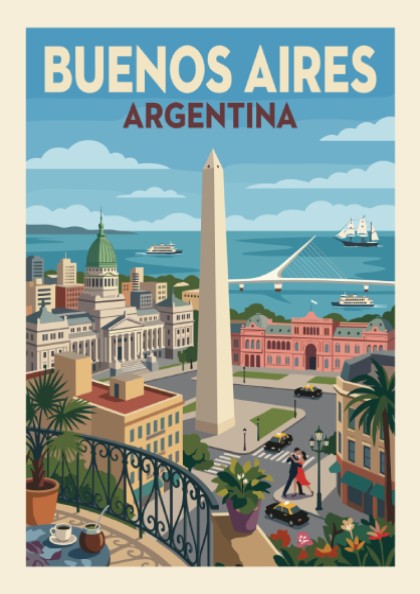 Retro Buenos Aires Argentina travel poster with Obelisco and city landmarks, vintage style.