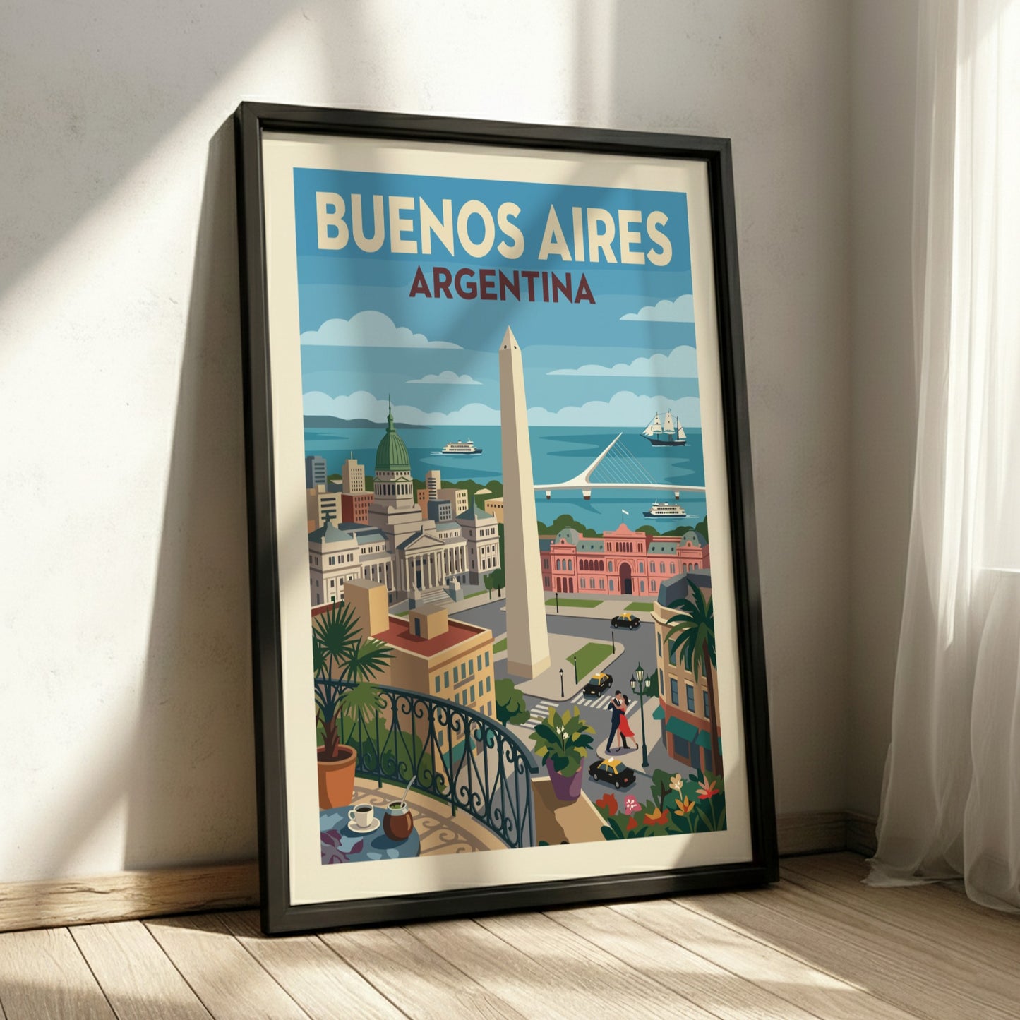 Retro Buenos Aires Argentina travel poster with Obelisco and city landmarks, vintage style.