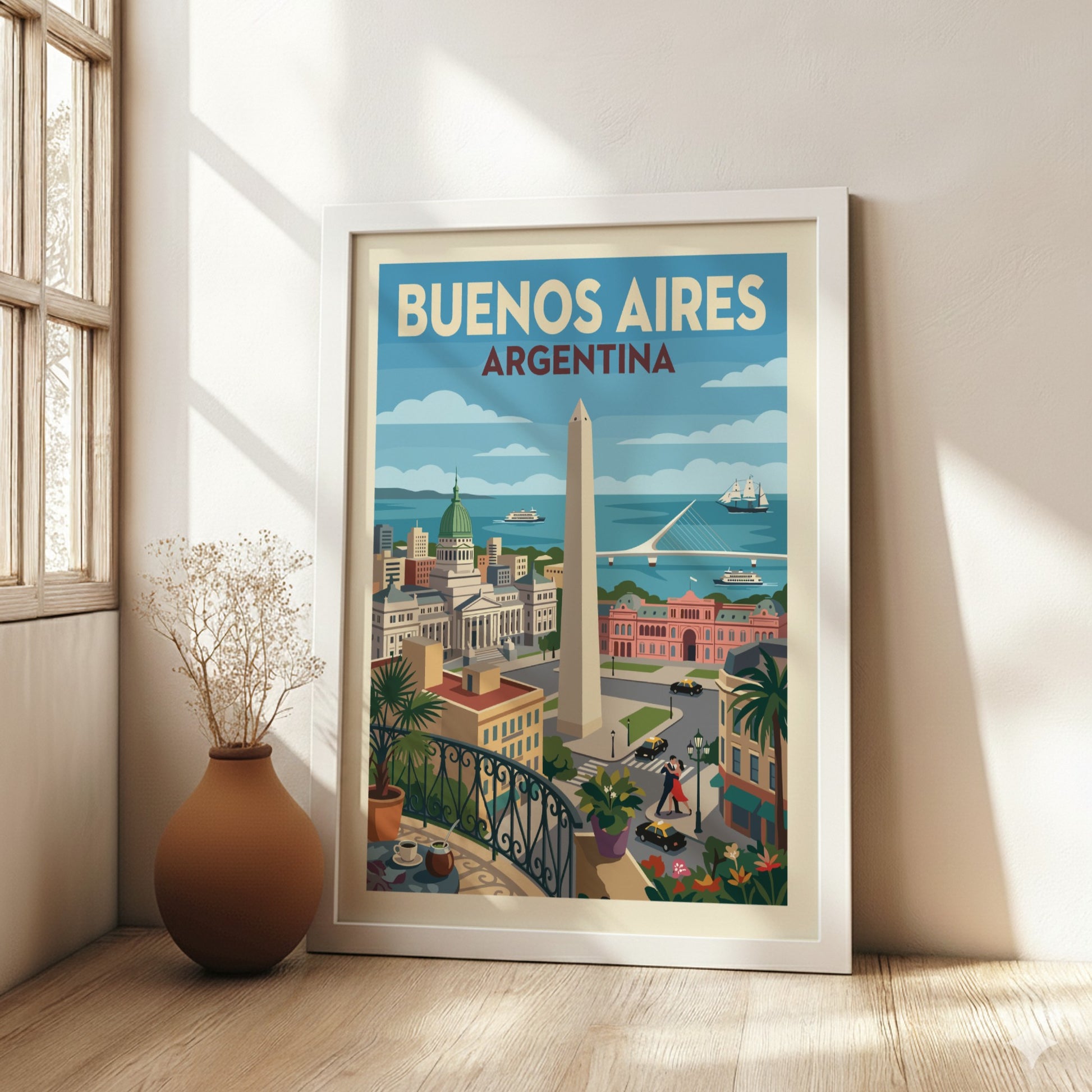 Retro Buenos Aires Argentina travel poster with Obelisco and city landmarks, vintage style.