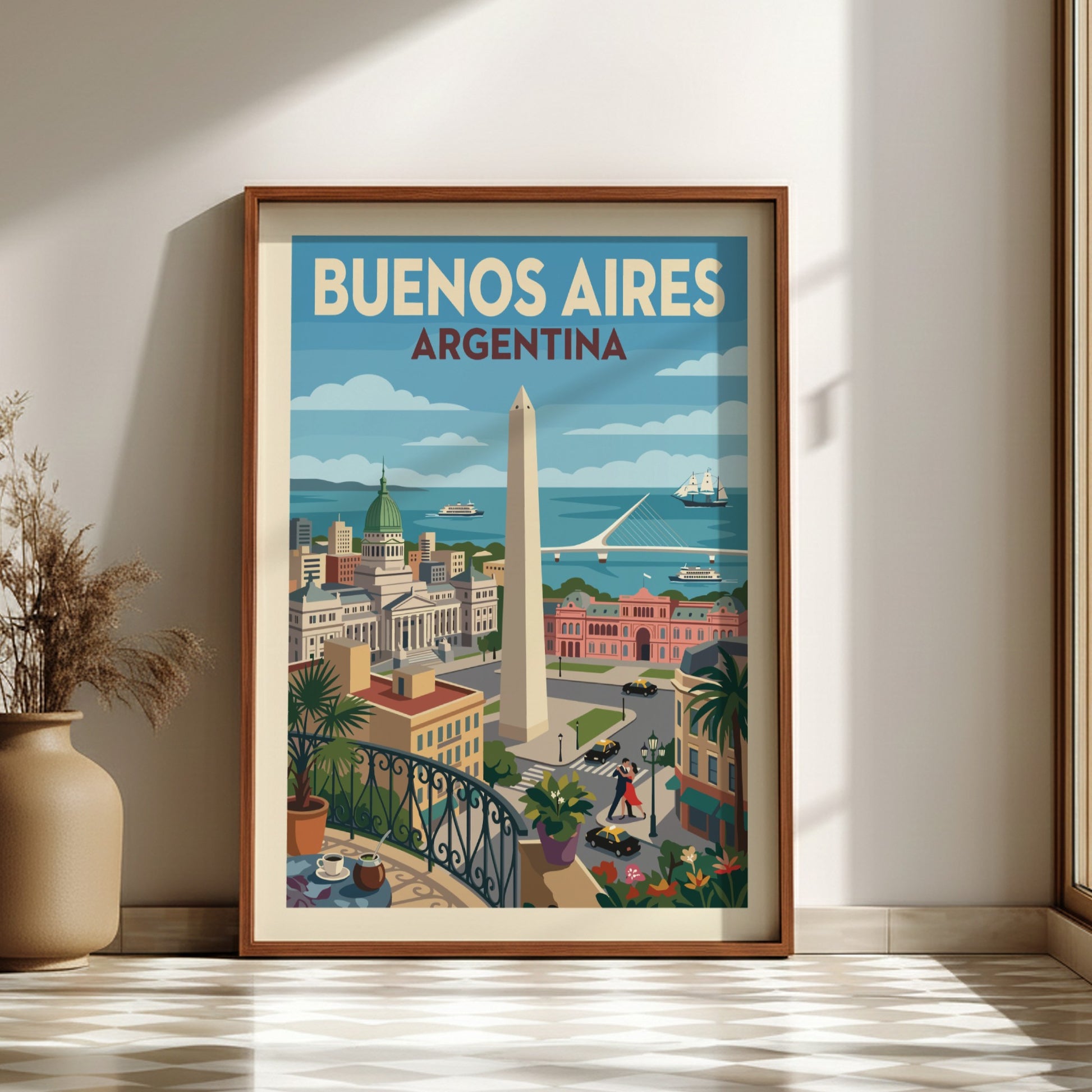 Retro Buenos Aires Argentina travel poster with Obelisco and city landmarks, vintage style.