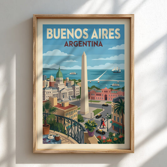 Retro Buenos Aires Argentina travel poster with Obelisco and city landmarks, vintage style.