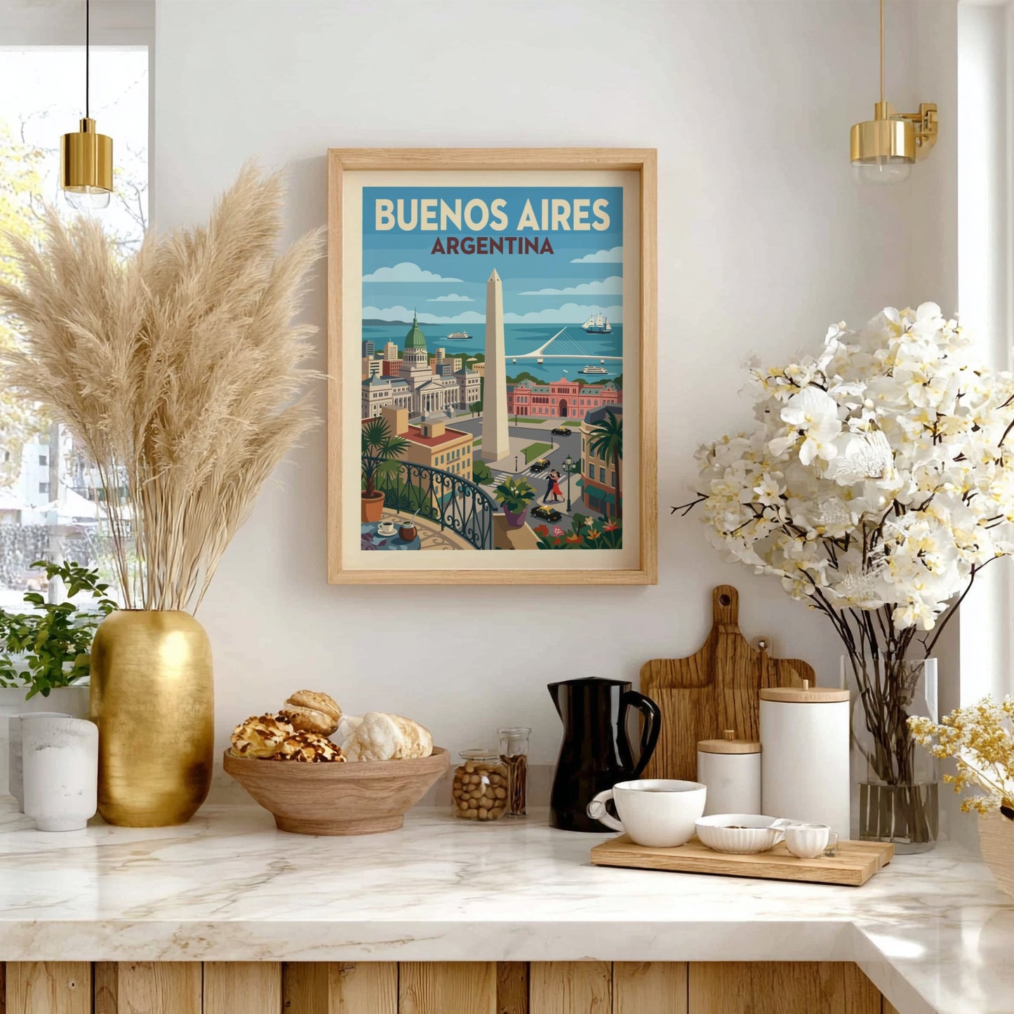 Retro Buenos Aires Argentina travel poster with Obelisco and city landmarks, vintage style.
