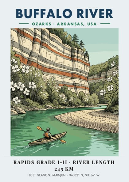 Buffalo River kayaking poster featuring red limestone bluffs, dogwood flowers, and a lone kayaker.