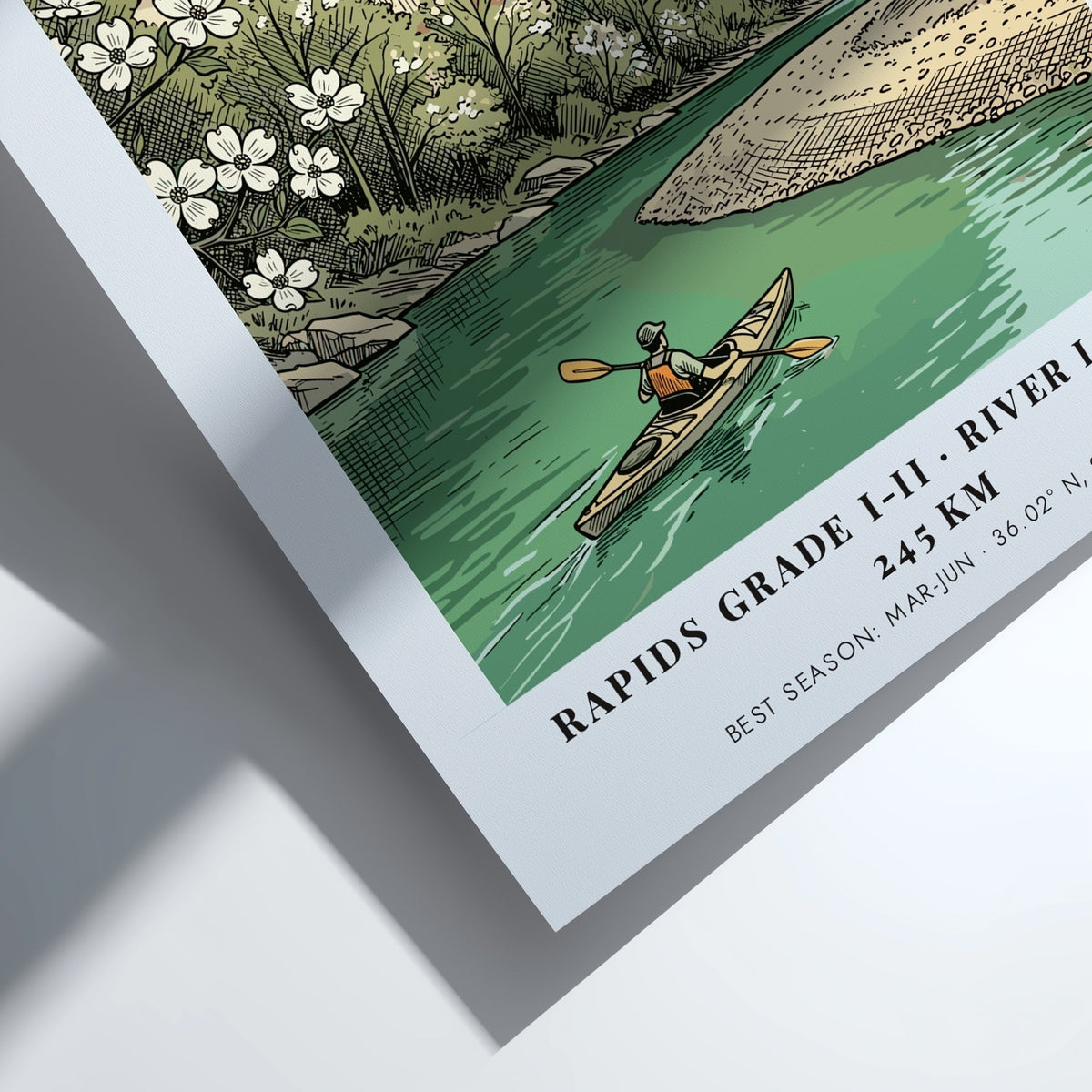 Buffalo River kayaking poster featuring red limestone bluffs, dogwood flowers, and a lone kayaker.