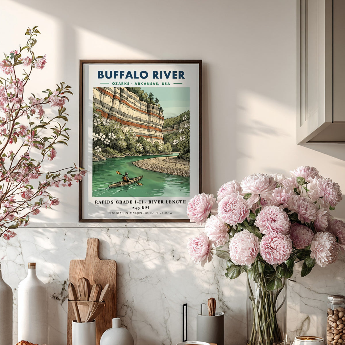 Buffalo River kayaking poster featuring red limestone bluffs, dogwood flowers, and a lone kayaker.