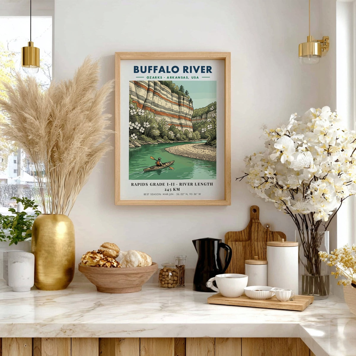 Buffalo River kayaking poster featuring red limestone bluffs, dogwood flowers, and a lone kayaker.