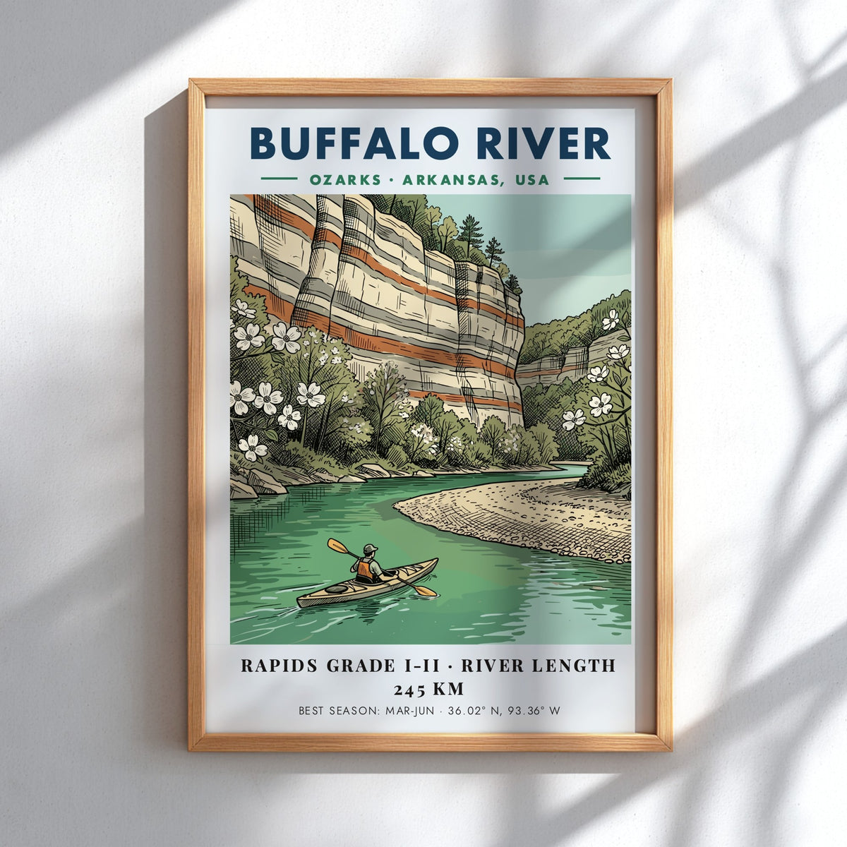 Buffalo River kayaking poster featuring red limestone bluffs, dogwood flowers, and a lone kayaker.