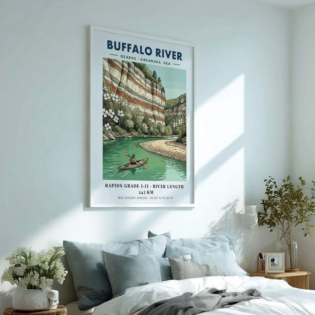 Buffalo River kayaking poster featuring red limestone bluffs, dogwood flowers, and a lone kayaker.