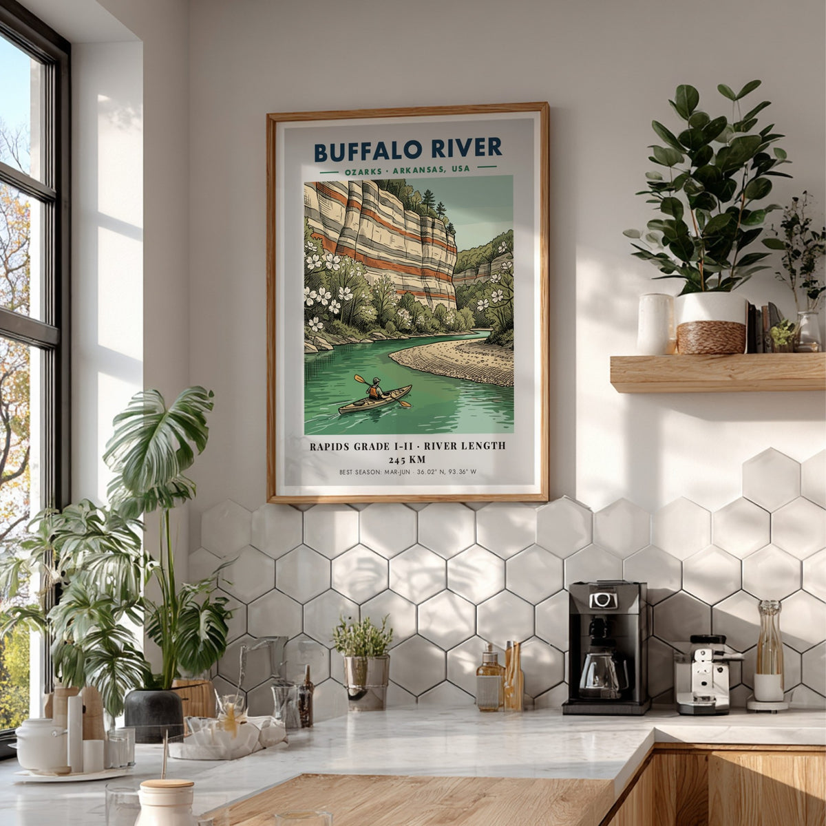 Buffalo River kayaking poster featuring red limestone bluffs, dogwood flowers, and a lone kayaker.