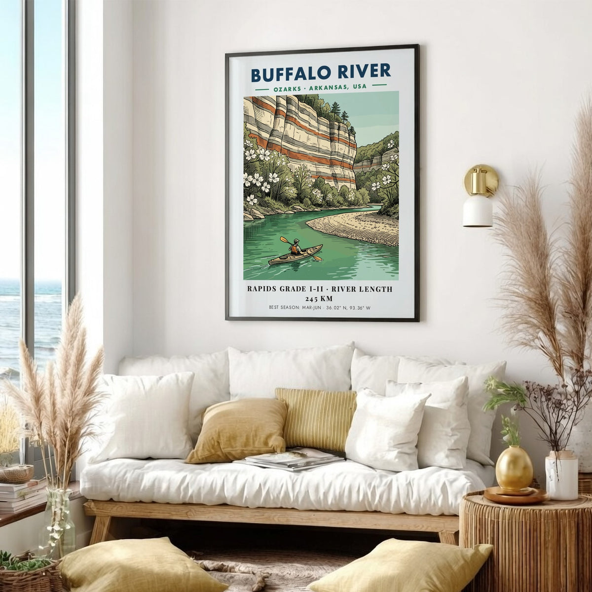 Buffalo River kayaking poster featuring red limestone bluffs, dogwood flowers, and a lone kayaker.