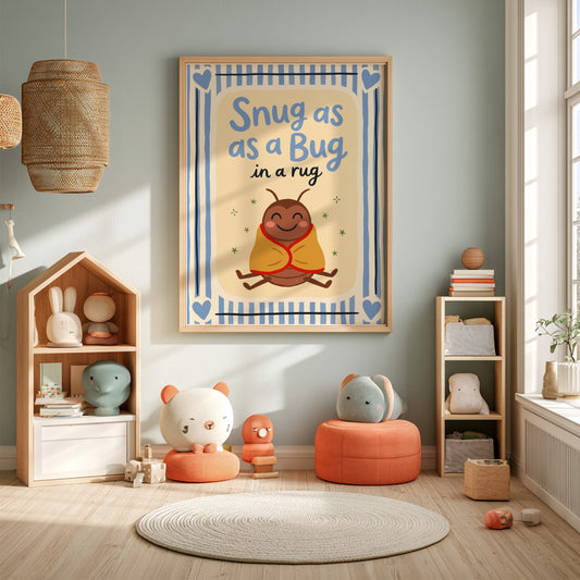 Kids room poster featuring a cozy bug illustration in soft colors, perfect for nursery decor.