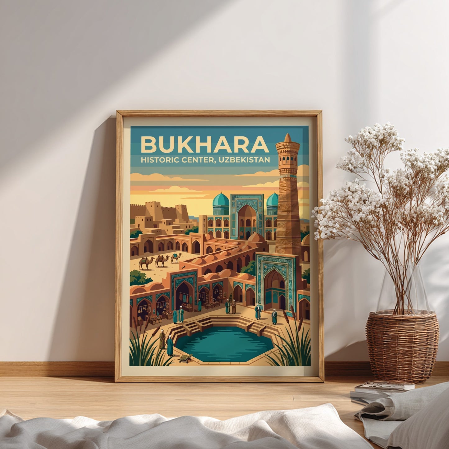 Travel poster of Bukhara Historic Center featuring a tall minaret, turquoise domes, camels, and a reflecting