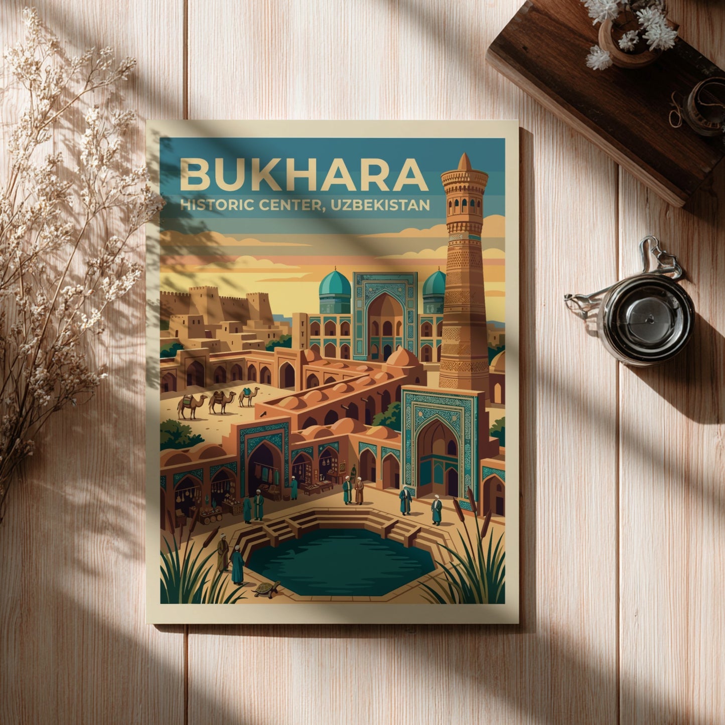 Travel poster of Bukhara Historic Center featuring a tall minaret, turquoise domes, camels, and a reflecting