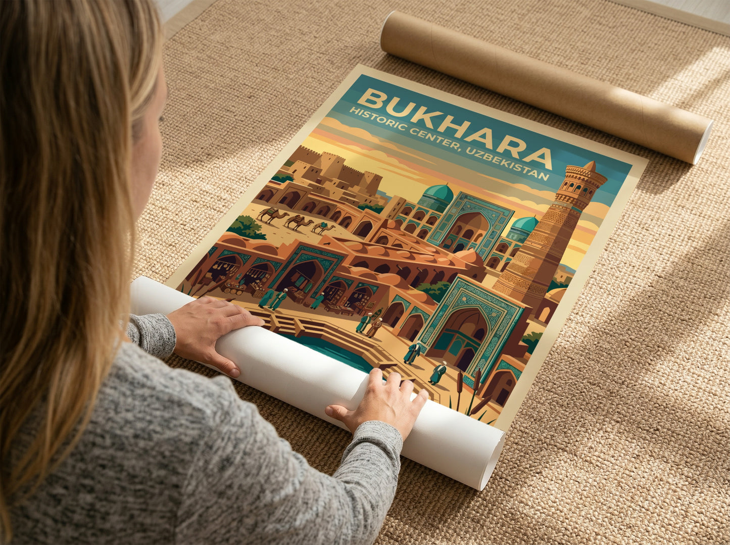 Travel poster of Bukhara Historic Center featuring a tall minaret, turquoise domes, camels, and a reflecting