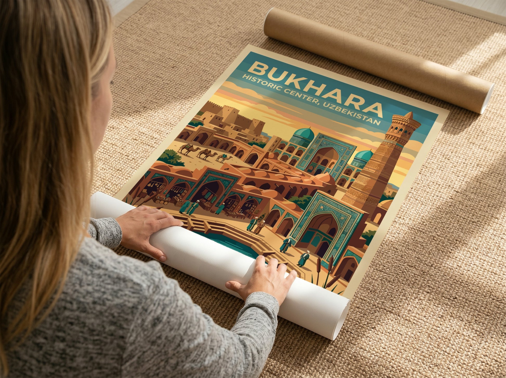 Travel poster of Bukhara Historic Center featuring a tall minaret, turquoise domes, camels, and a reflecting
