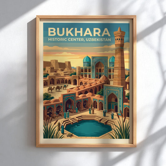 Travel poster of Bukhara Historic Center featuring a tall minaret, turquoise domes, camels, and a reflecting
