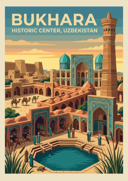 Travel poster of Bukhara Historic Center featuring a tall minaret, turquoise domes, camels, and a reflecting