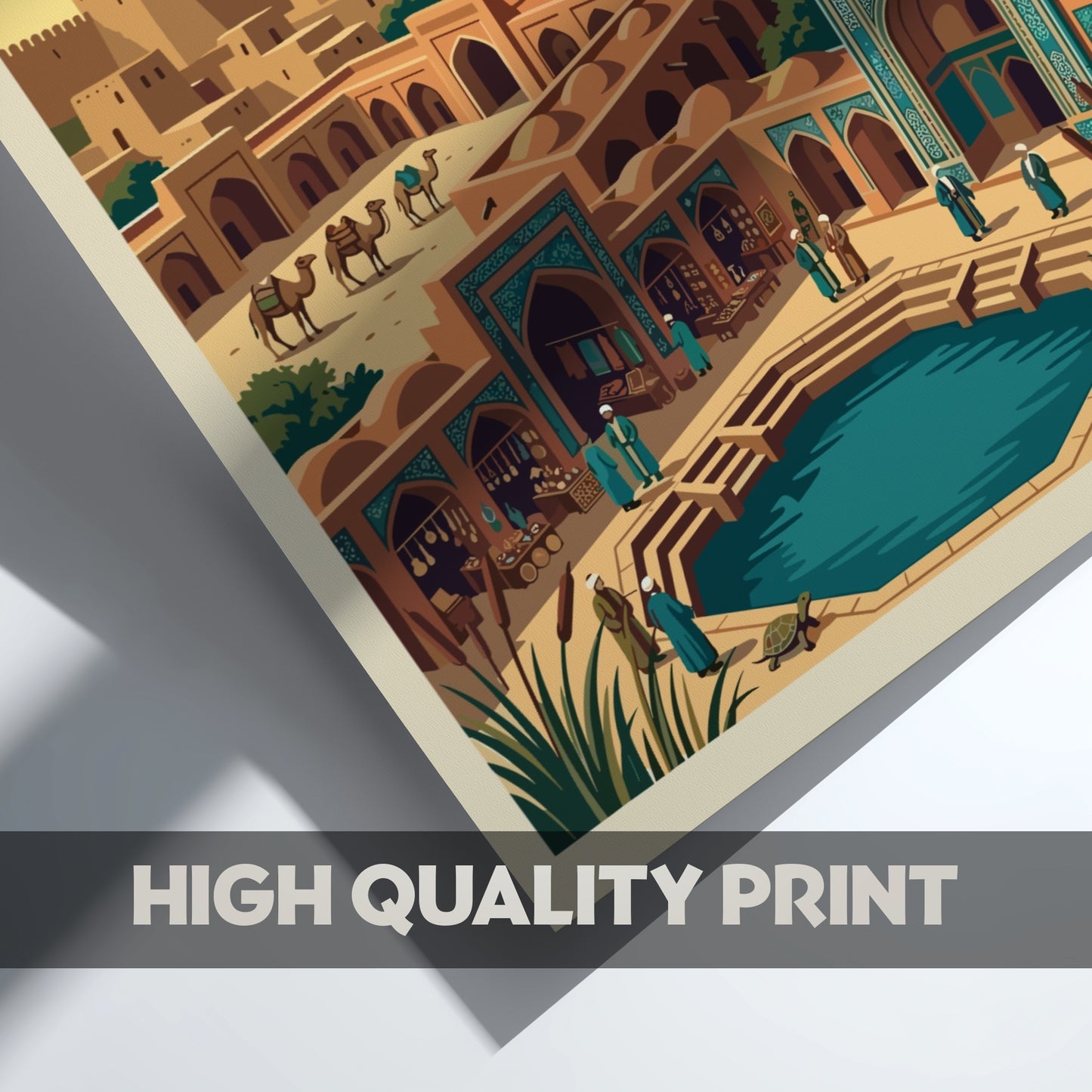 Travel poster of Bukhara Historic Center featuring a tall minaret, turquoise domes, camels, and a reflecting