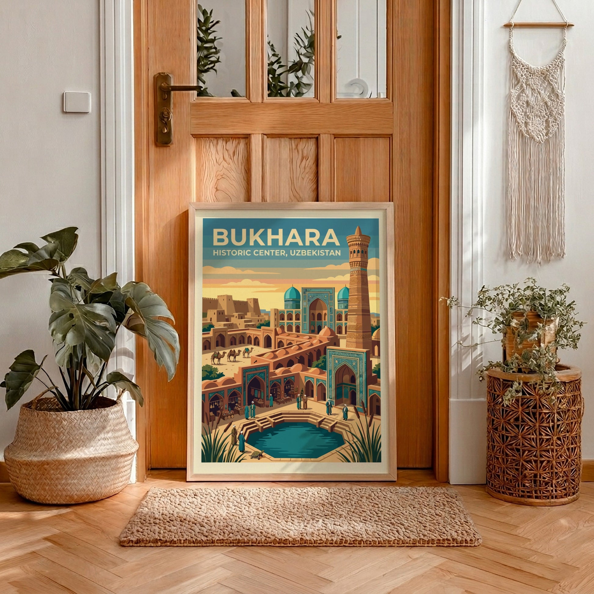 Travel poster of Bukhara Historic Center featuring a tall minaret, turquoise domes, camels, and a reflecting