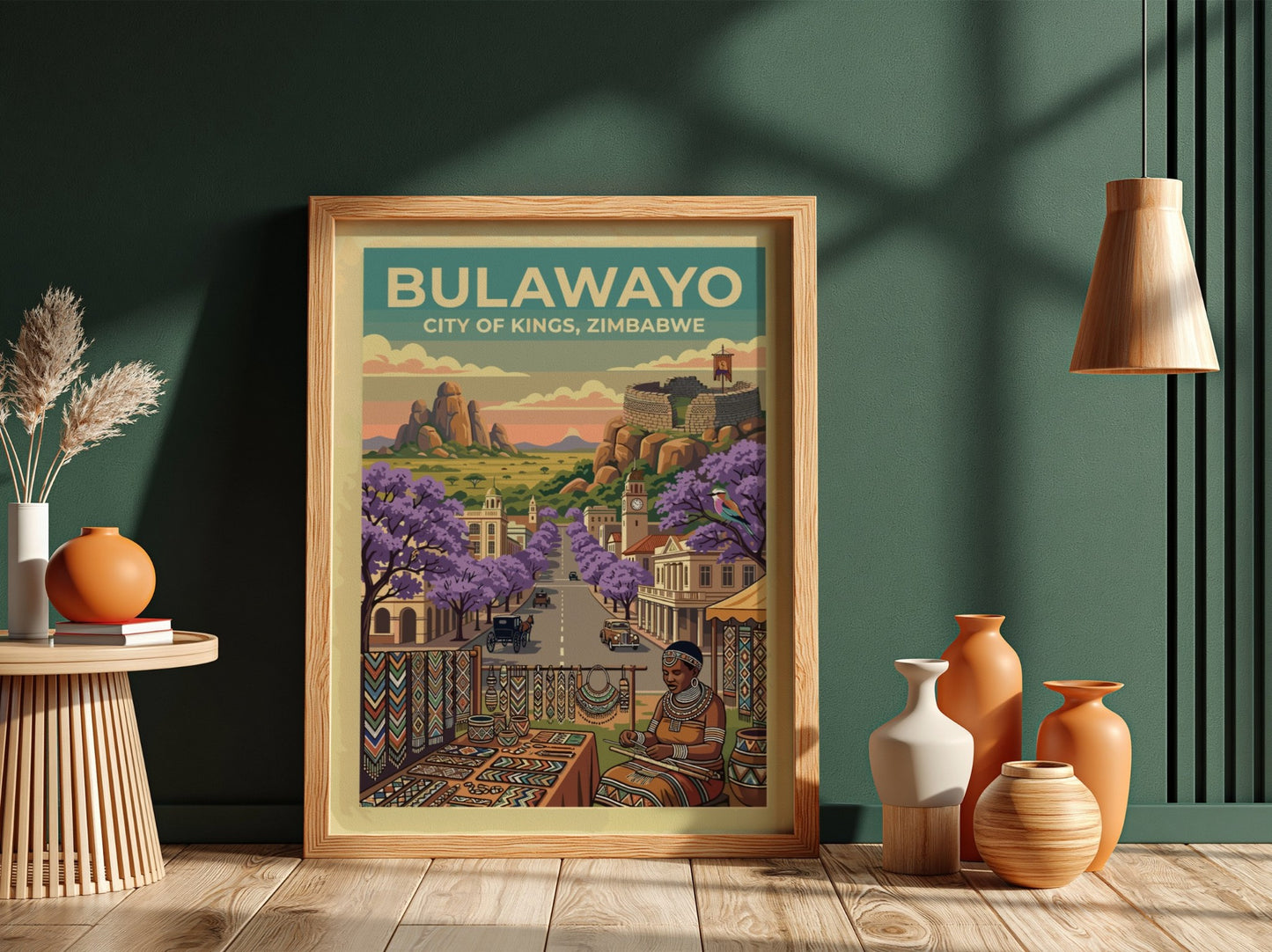 Travel poster featuring Bulawayo City of Kings with purple jacaranda trees and ruins.