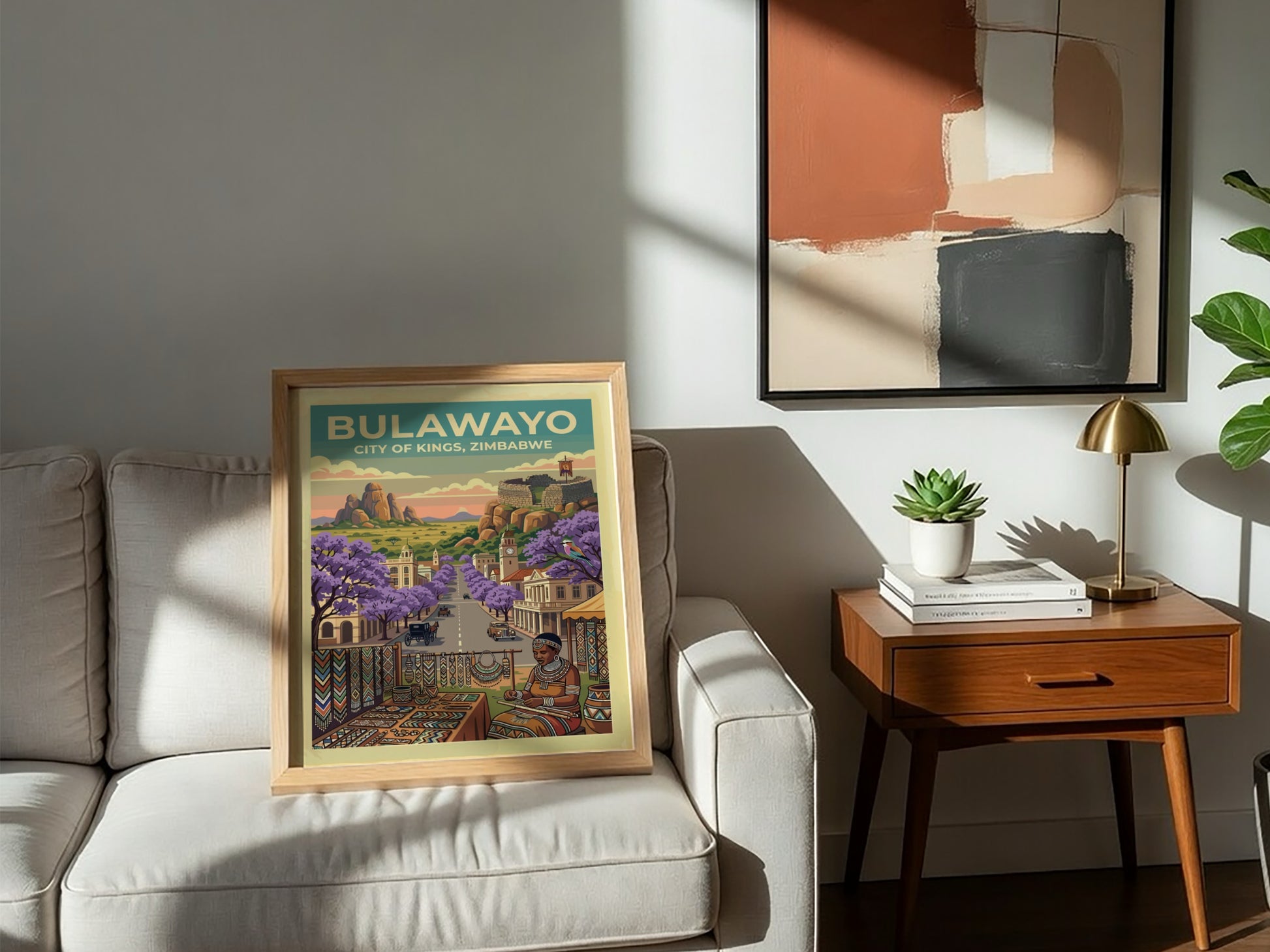 Travel poster featuring Bulawayo City of Kings with purple jacaranda trees and ruins.