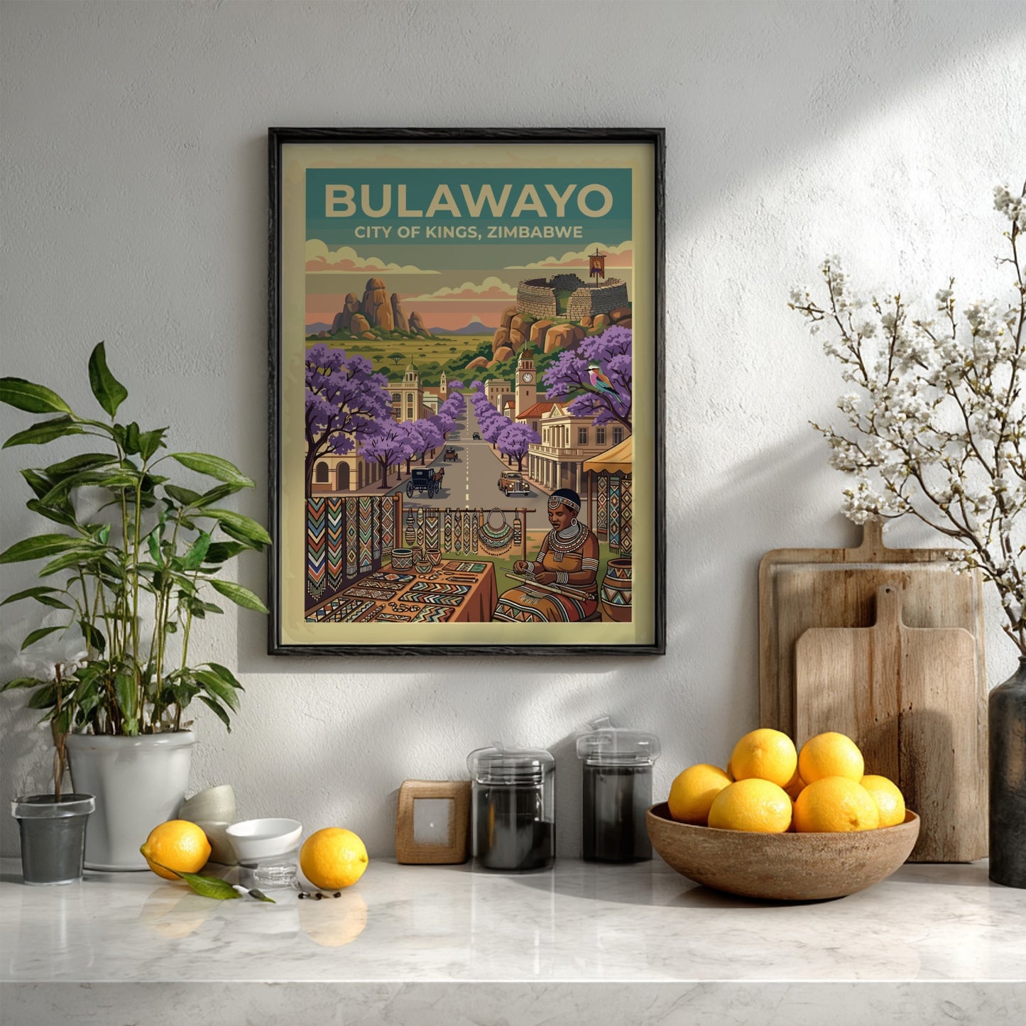 Travel poster featuring Bulawayo City of Kings with purple jacaranda trees and ruins.