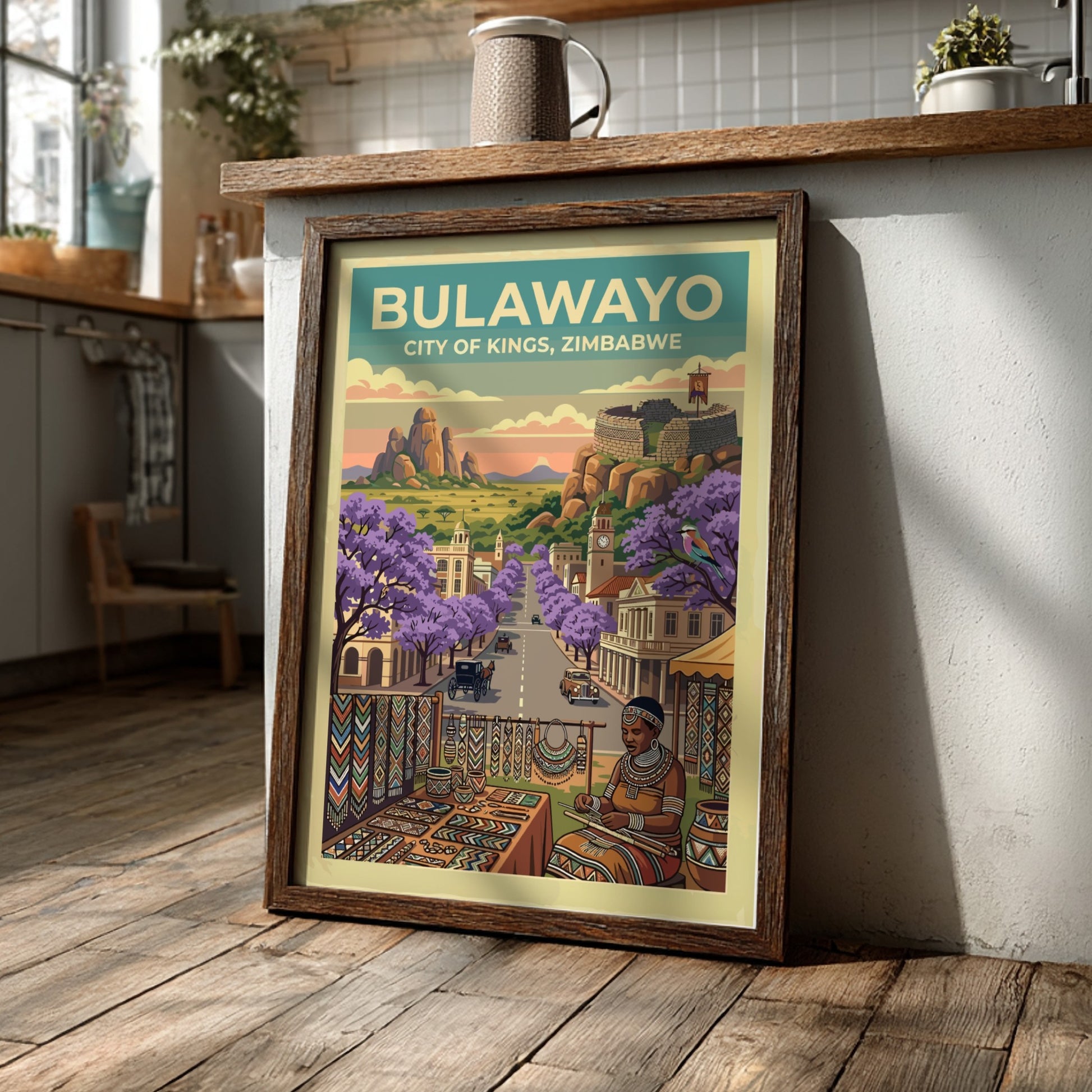 Travel poster featuring Bulawayo City of Kings with purple jacaranda trees and ruins.