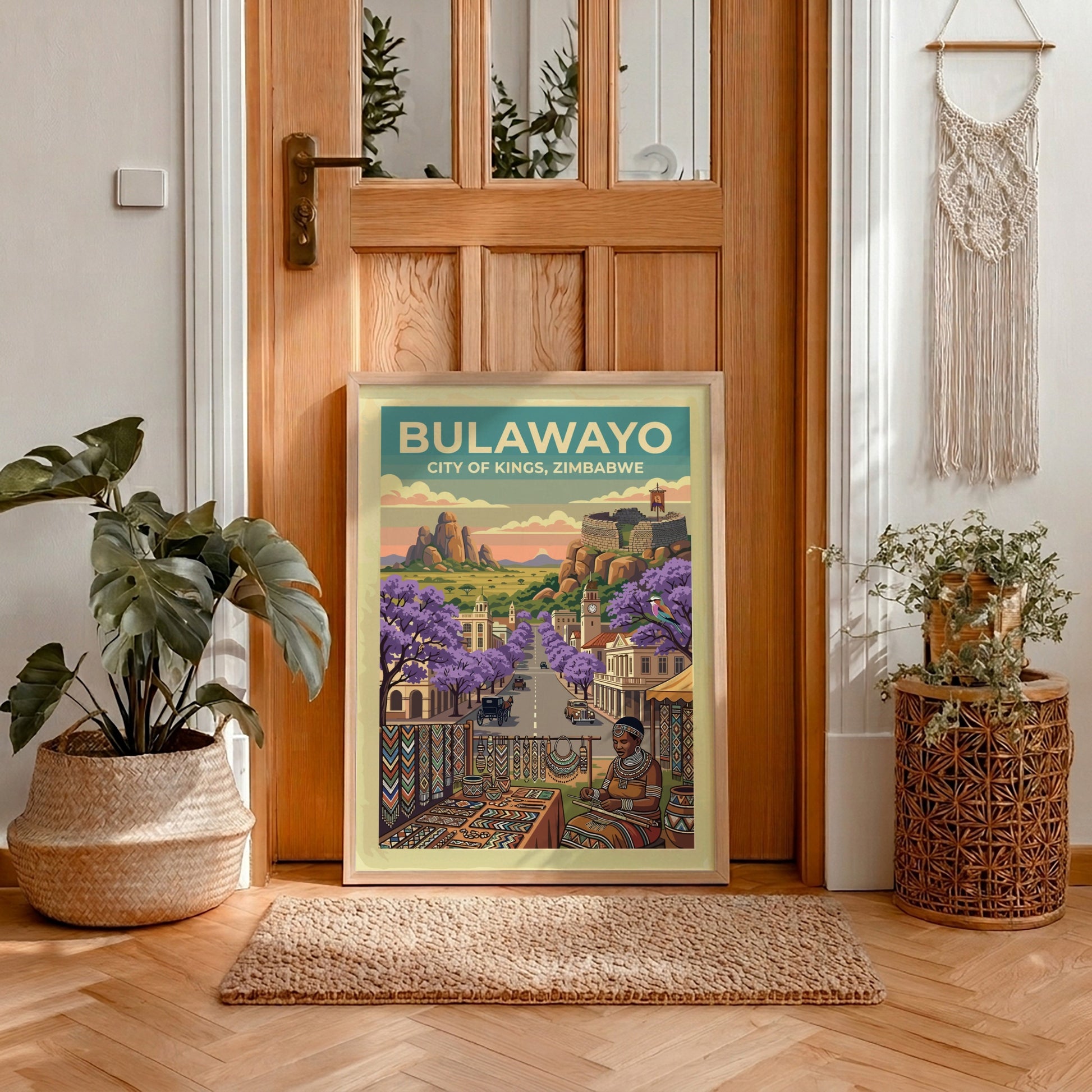 Travel poster featuring Bulawayo City of Kings with purple jacaranda trees and ruins.