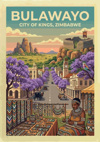 Travel poster featuring Bulawayo City of Kings with purple jacaranda trees and ruins.