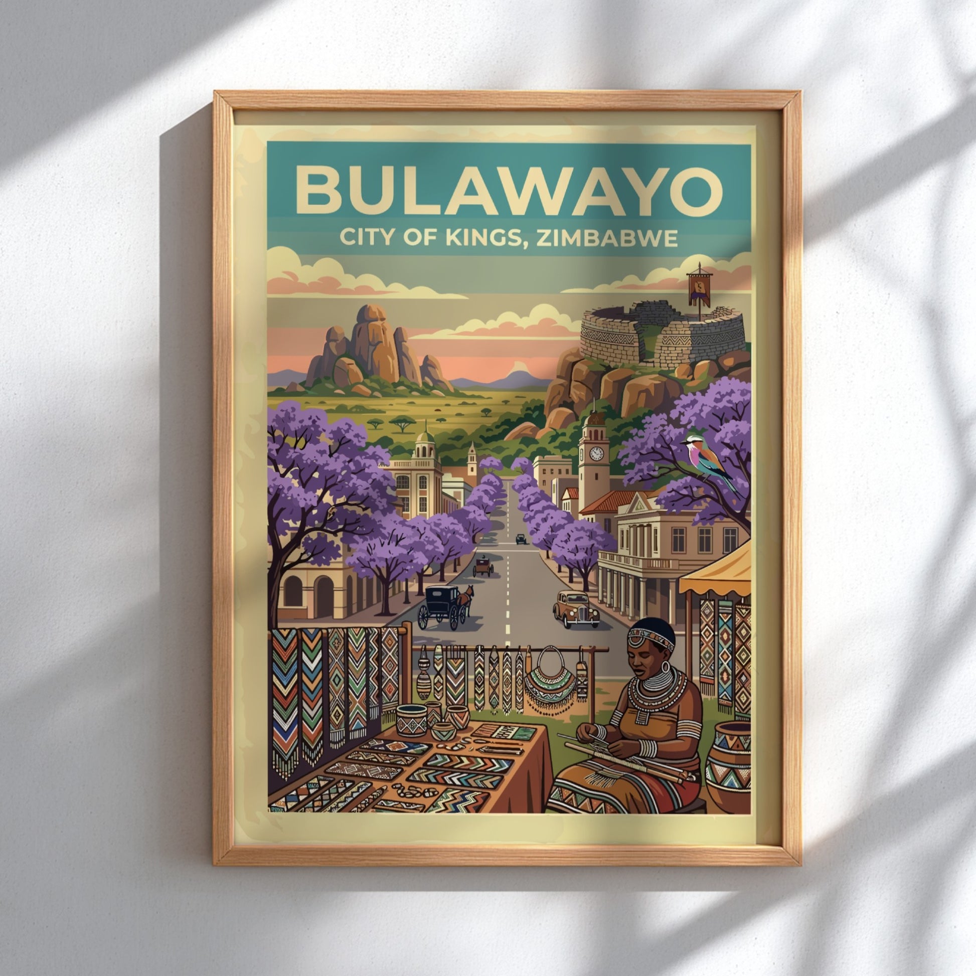 Travel poster featuring Bulawayo City of Kings with purple jacaranda trees and ruins.